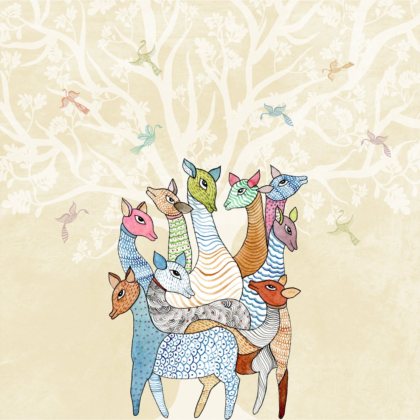 Whispering Herd Color: Deers Gond Art Wallpaper Mural