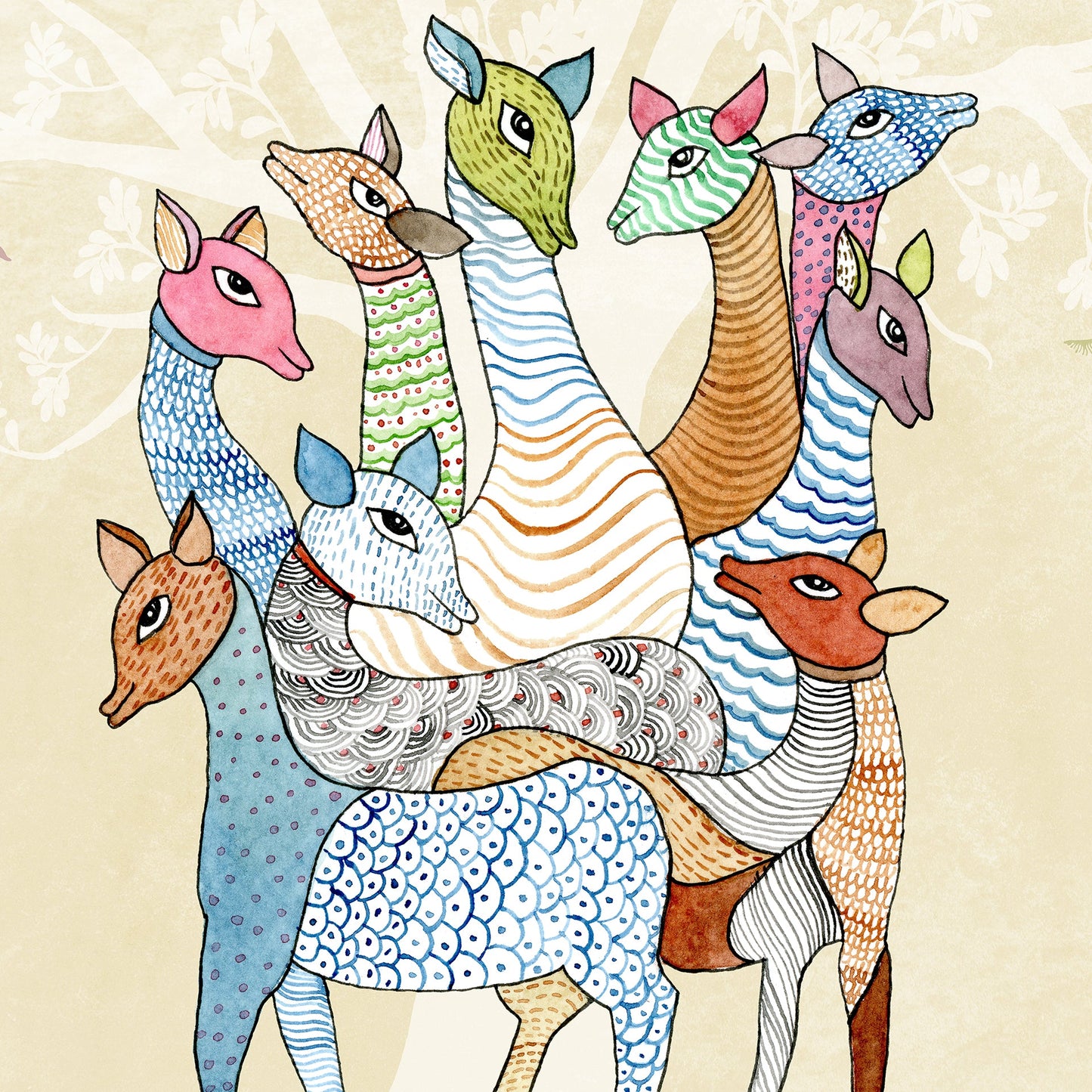 Whispering Herd Color: Deers Gond Art Wallpaper Mural