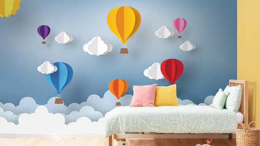 Vibrant Hot Air Balloon Wall Mural With Clouds-sample