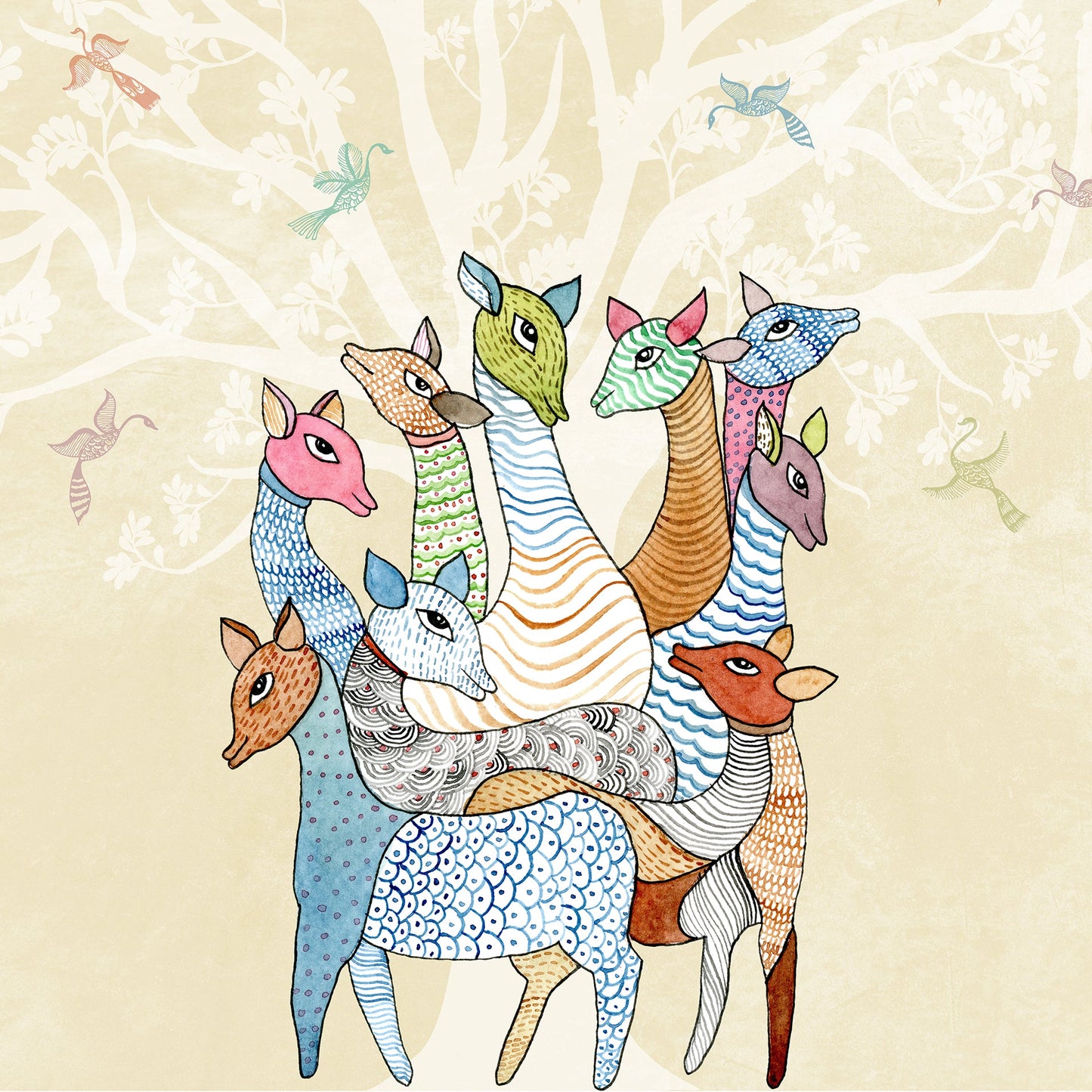 Whispering Herd Color: Deers Gond Art Wallpaper Mural