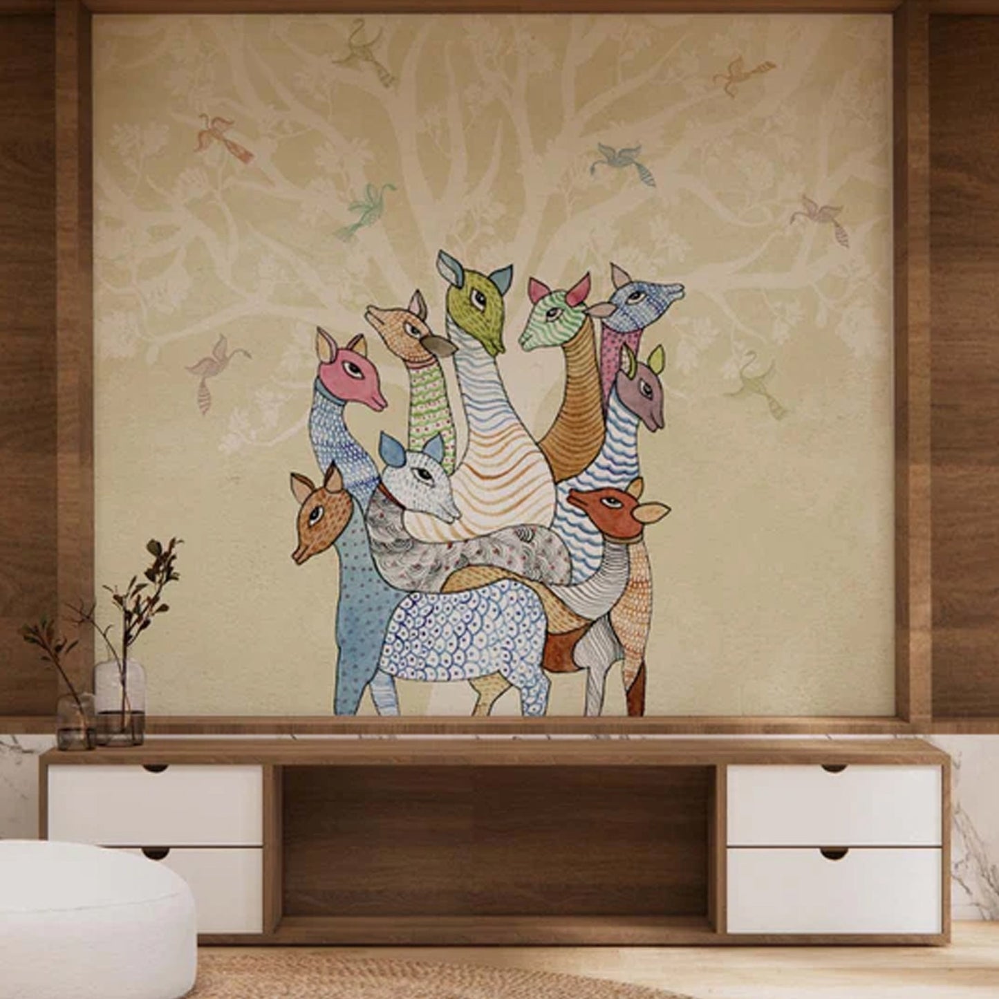 Whispering Herd Color: Deers Gond Art Wallpaper Mural