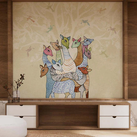 Whispering Herd Color: Deers Gond Art Wallpaper Mural